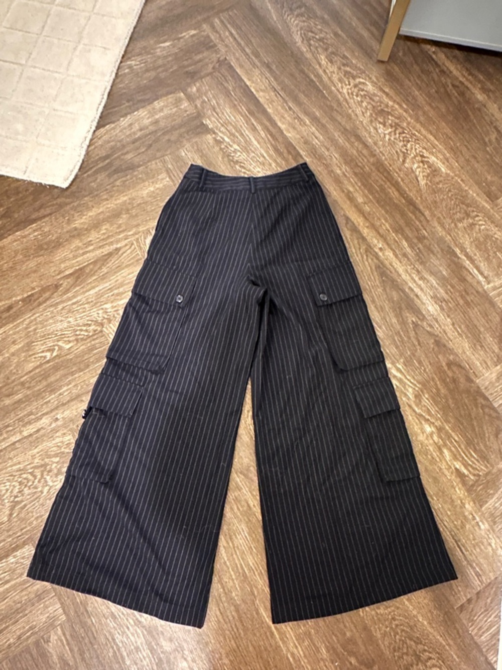 Anthropologie Navy Pinstripe Wide-Leg Cargo Pants - Picture 2 of 4